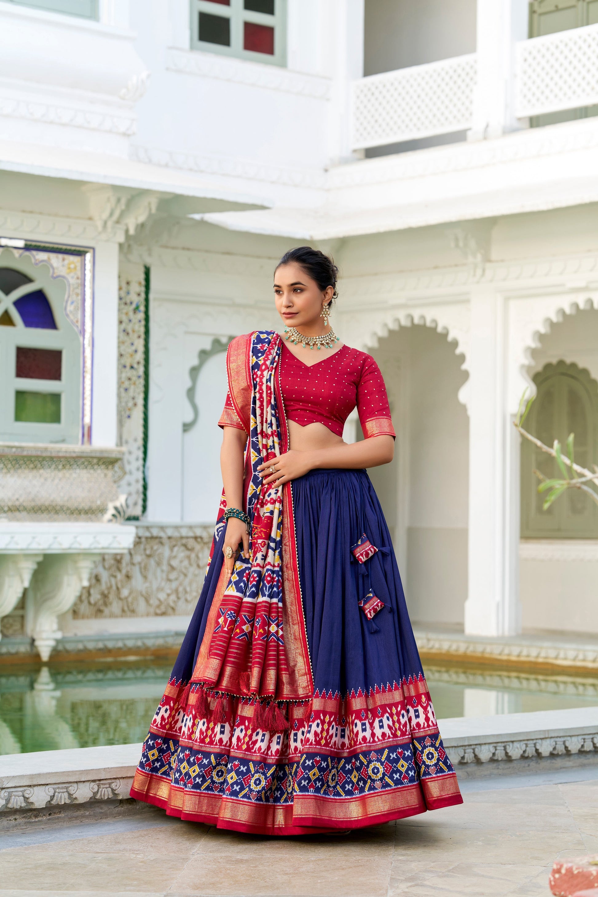 Lorenvalley Navyblue Tussar Silk Patola Print With foil work Lehenga Choli 