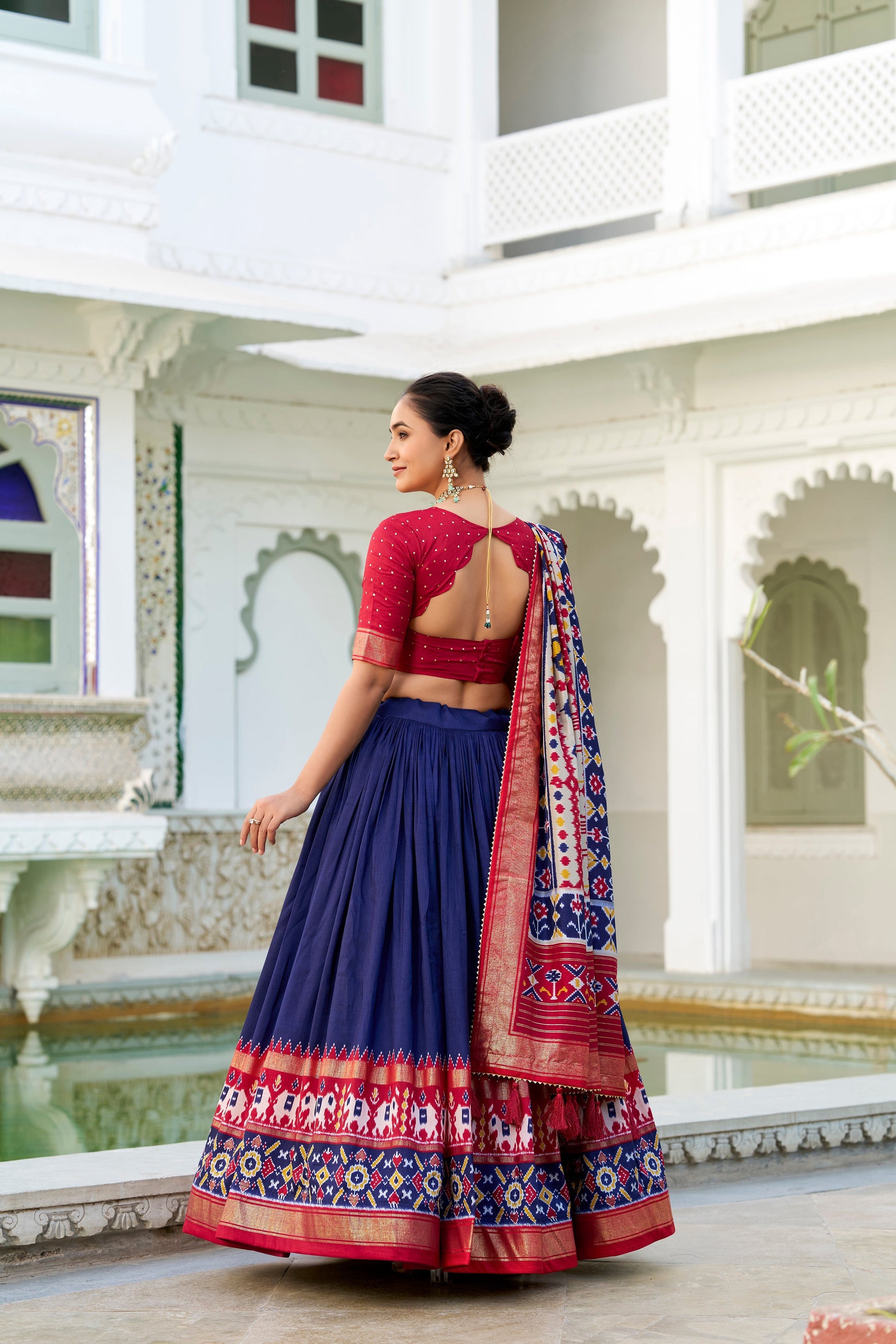 Lorenvalley Navyblue Tussar Silk Patola Print With foil work Lehenga Choli 