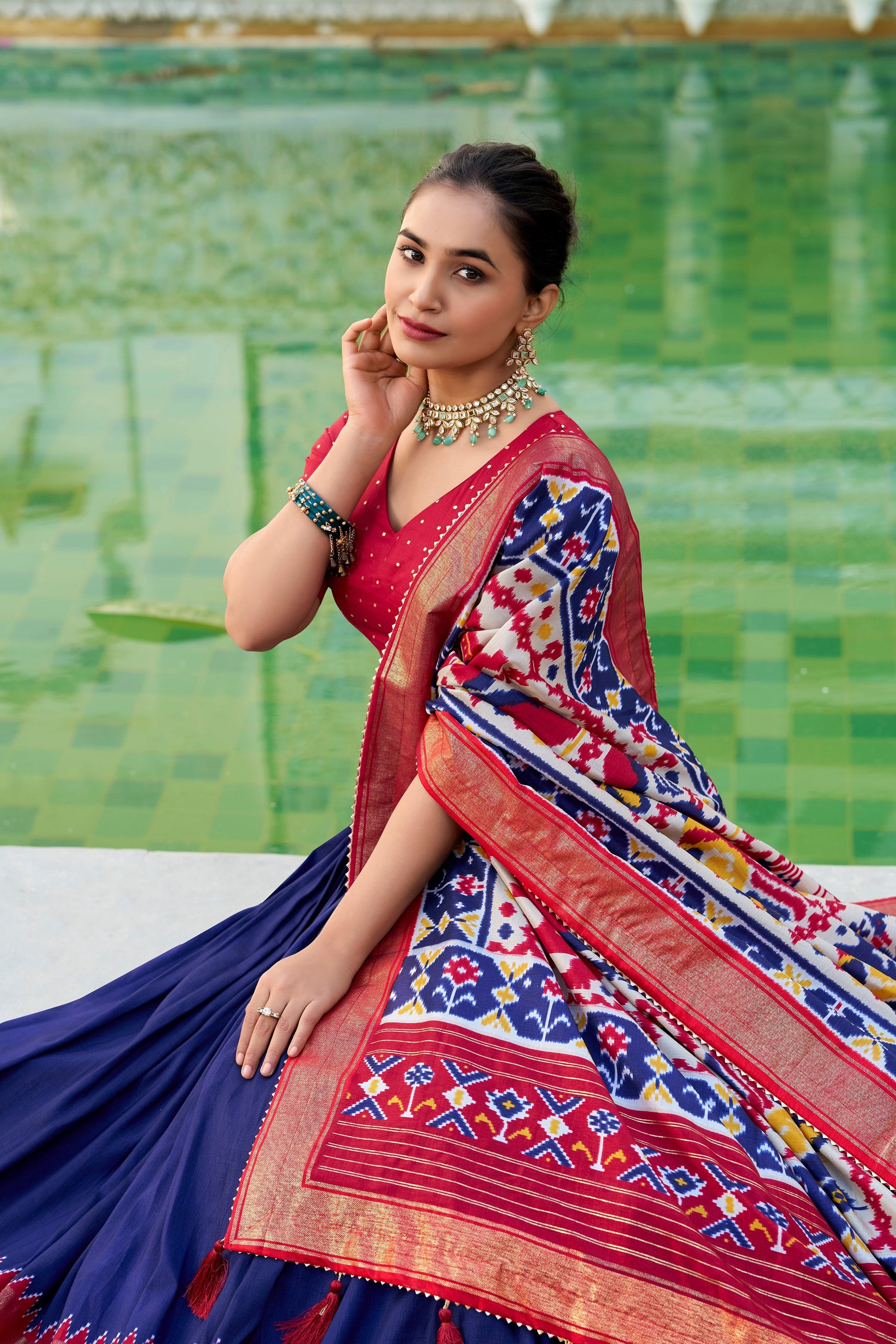 Lorenvalley Navyblue Tussar Silk Patola Print With foil work Lehenga Choli 