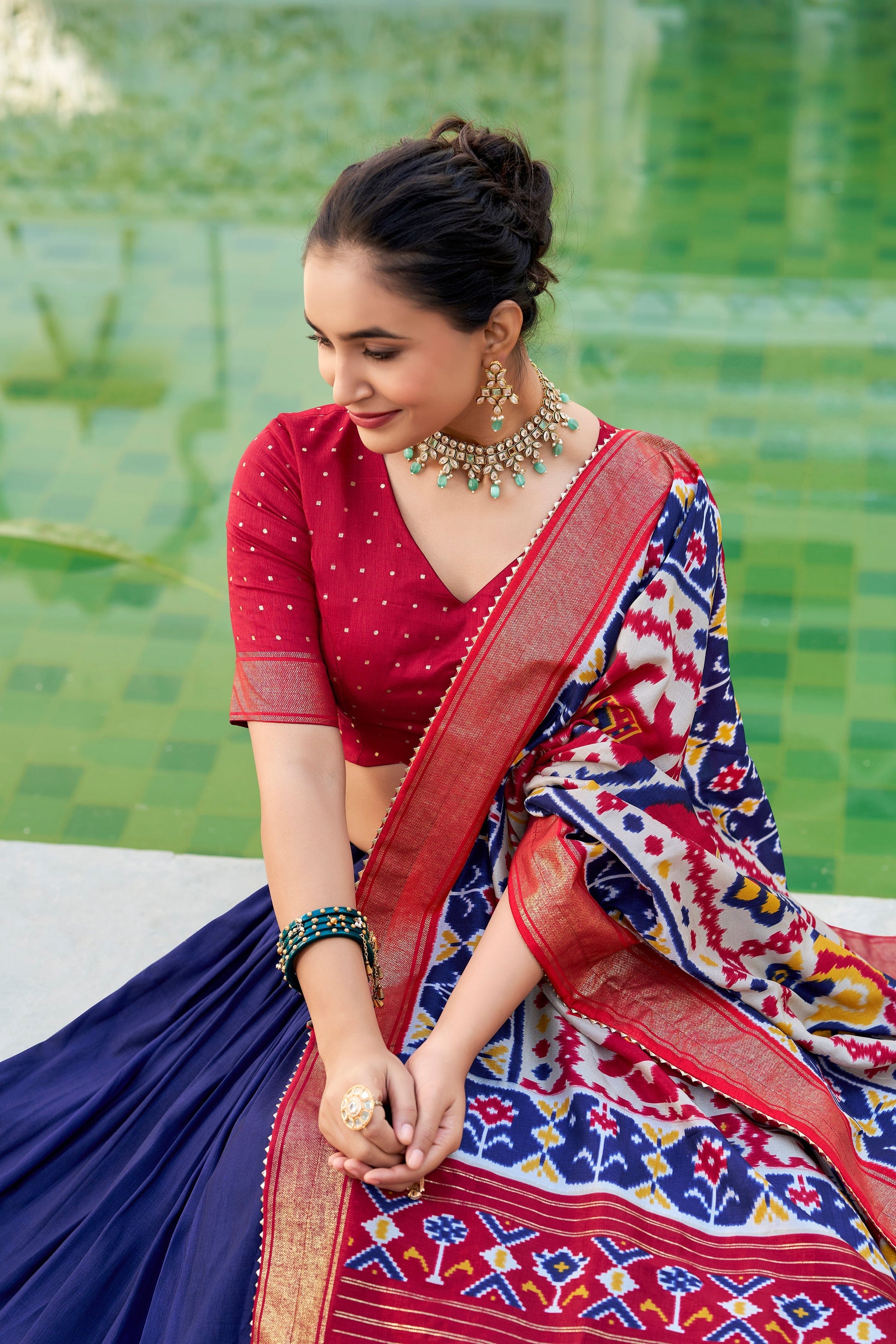 Lorenvalley Navyblue Tussar Silk Patola Print With foil work Lehenga Choli 