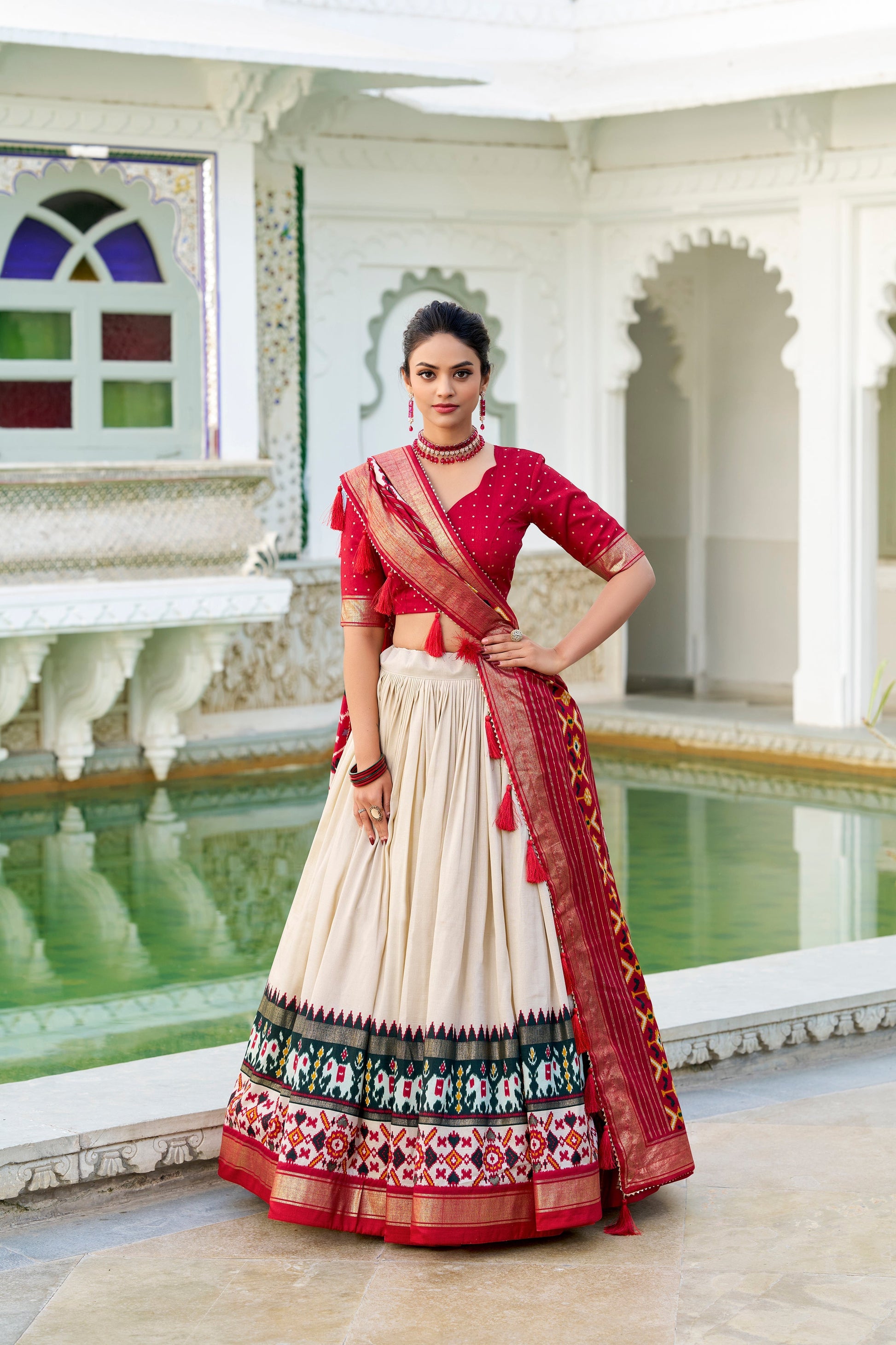 Lorenvalley Offwhite Tussar Silk Patola Print With foil work Lehenga Choli 