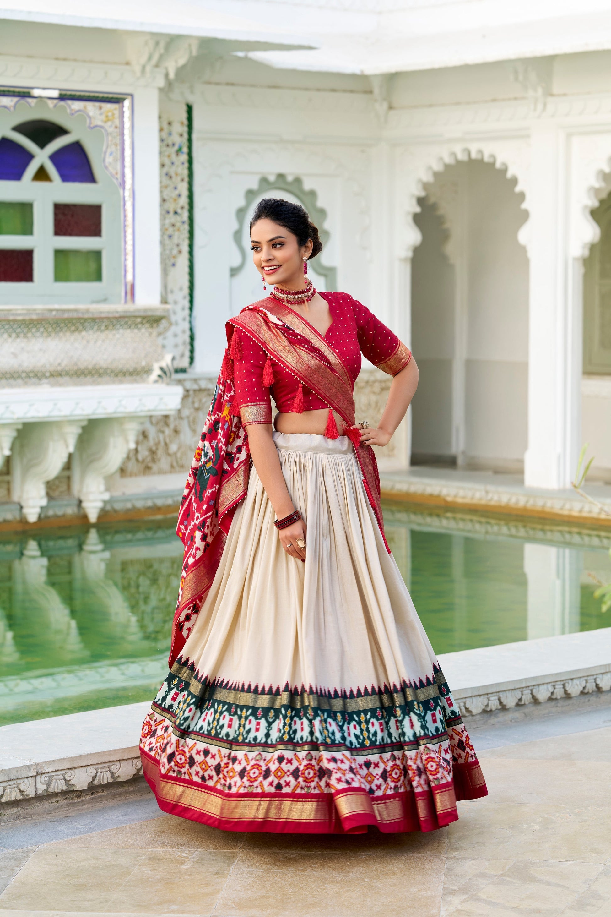 Lorenvalley Offwhite Tussar Silk Patola Print With foil work Lehenga Choli 