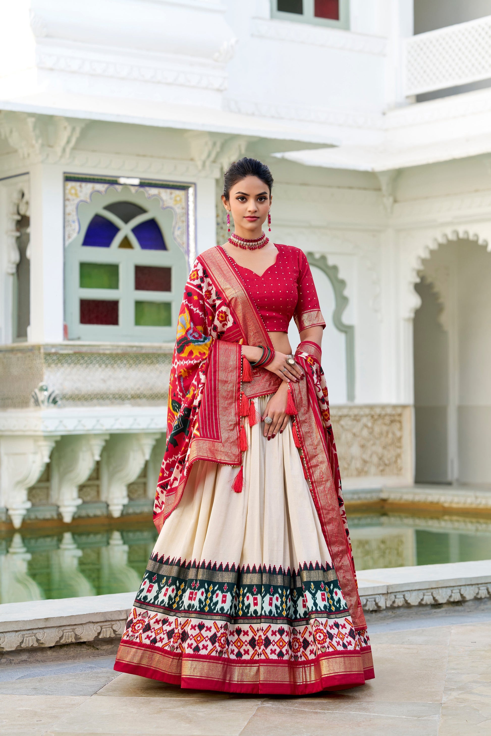 Lorenvalley Offwhite Tussar Silk Patola Print With foil work Lehenga Choli 