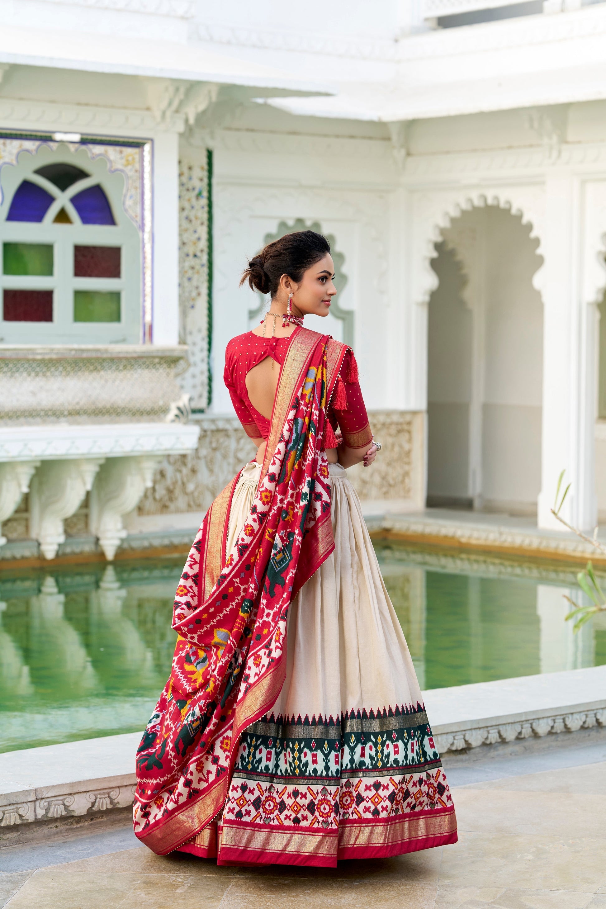 Lorenvalley Offwhite Tussar Silk Patola Print With foil work Lehenga Choli 