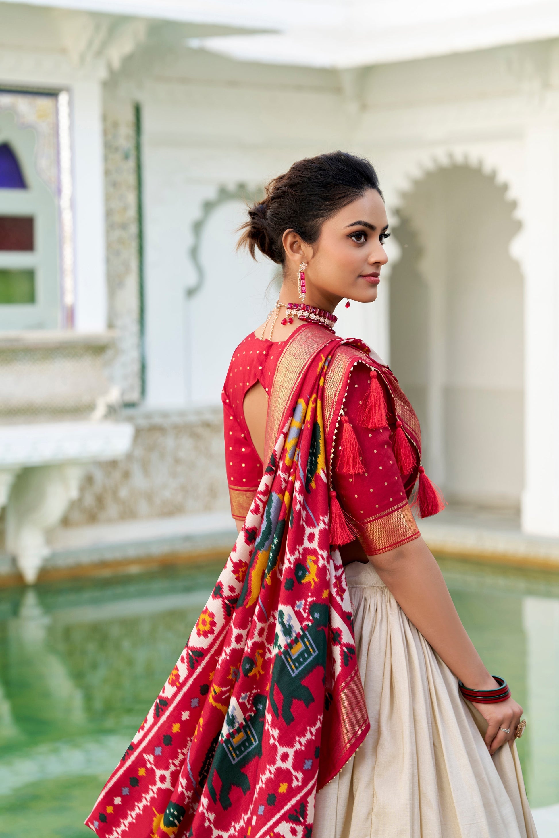 Lorenvalley Offwhite Tussar Silk Patola Print With foil work Lehenga Choli 