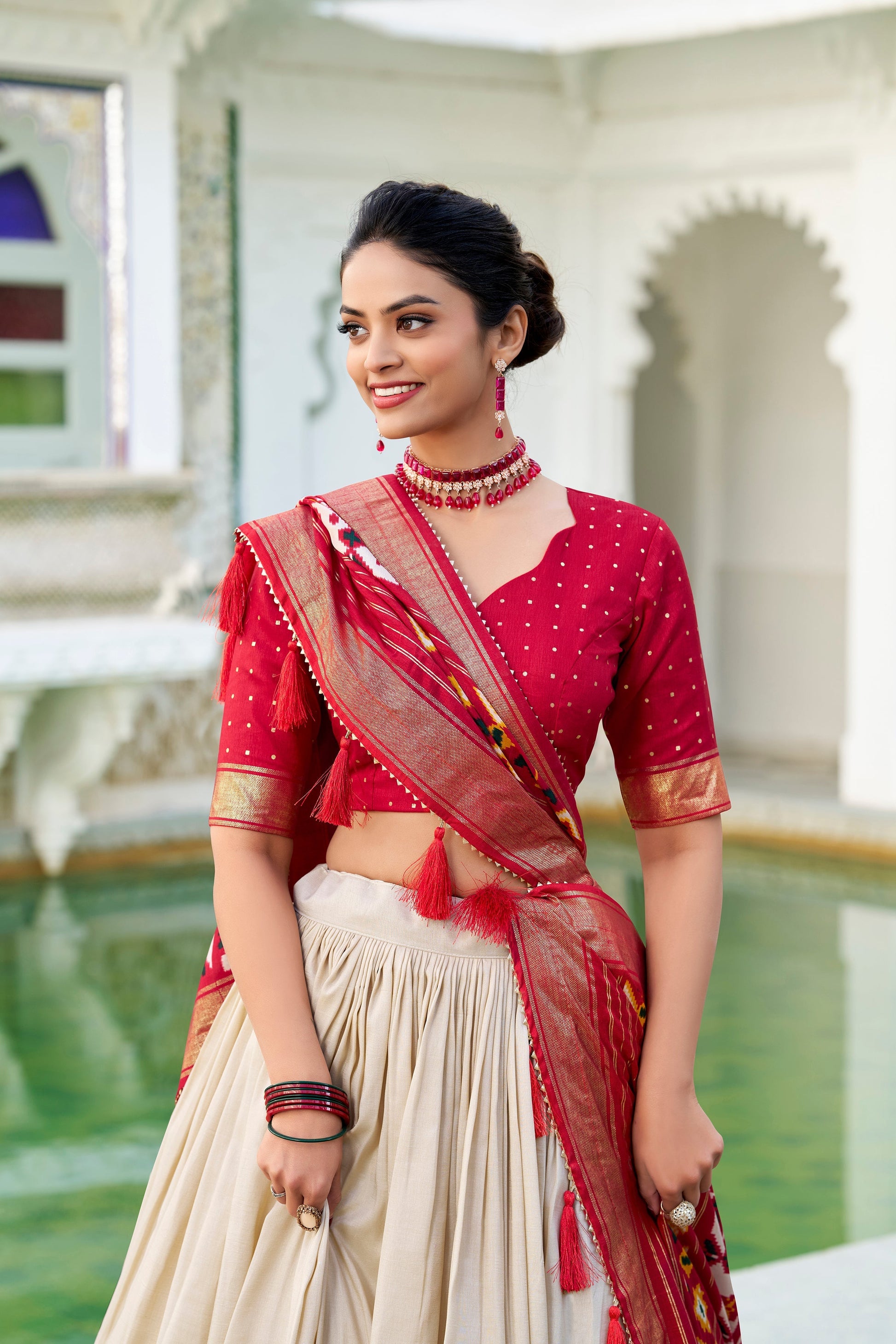 Lorenvalley Offwhite Tussar Silk Patola Print With foil work Lehenga Choli 