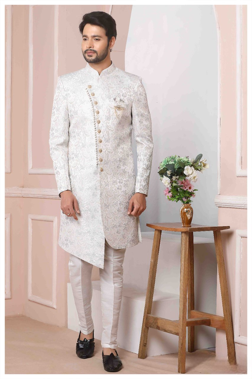 Raivat Ethnic Jacquard Silk Thread Work Indo Western In Light Grey Colour