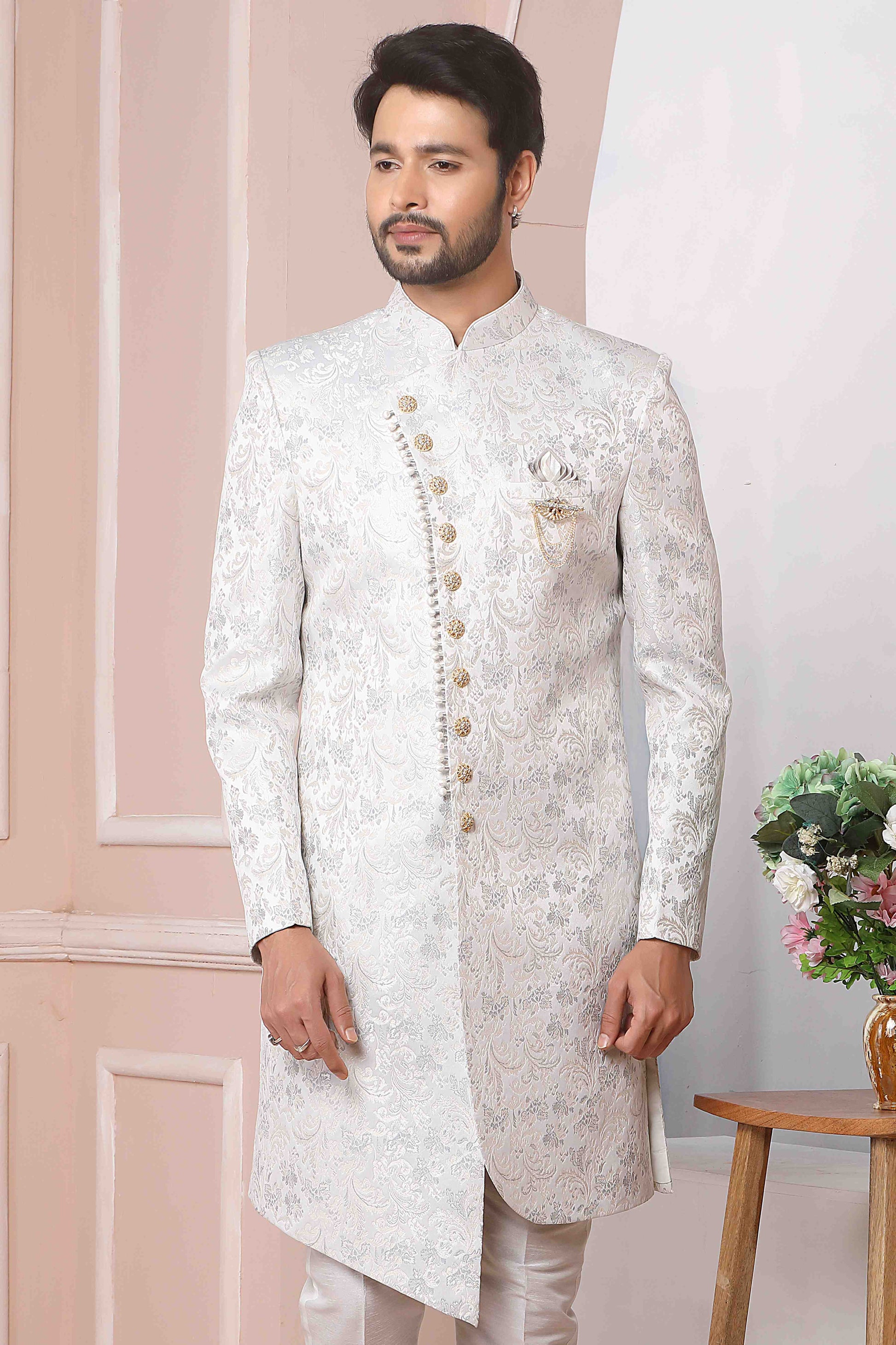 Raivat Ethnic Jacquard Silk Thread Work Indo Western In Light Grey Colour