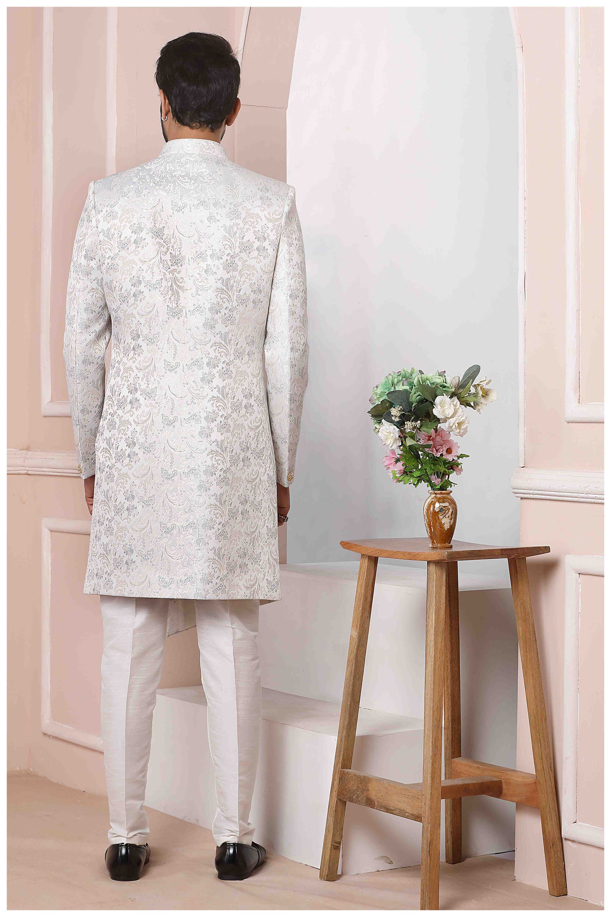 Raivat Ethnic Jacquard Silk Thread Work Indo Western In Light Grey Colour