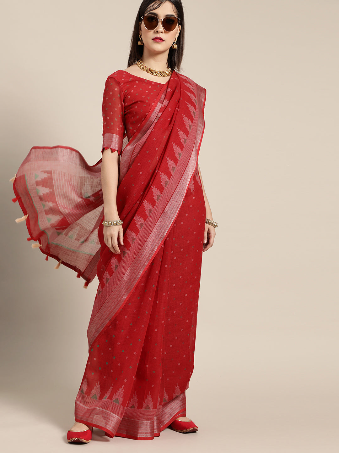 Saree Mall Saree Mall Blazing Red Linen Blend Saree