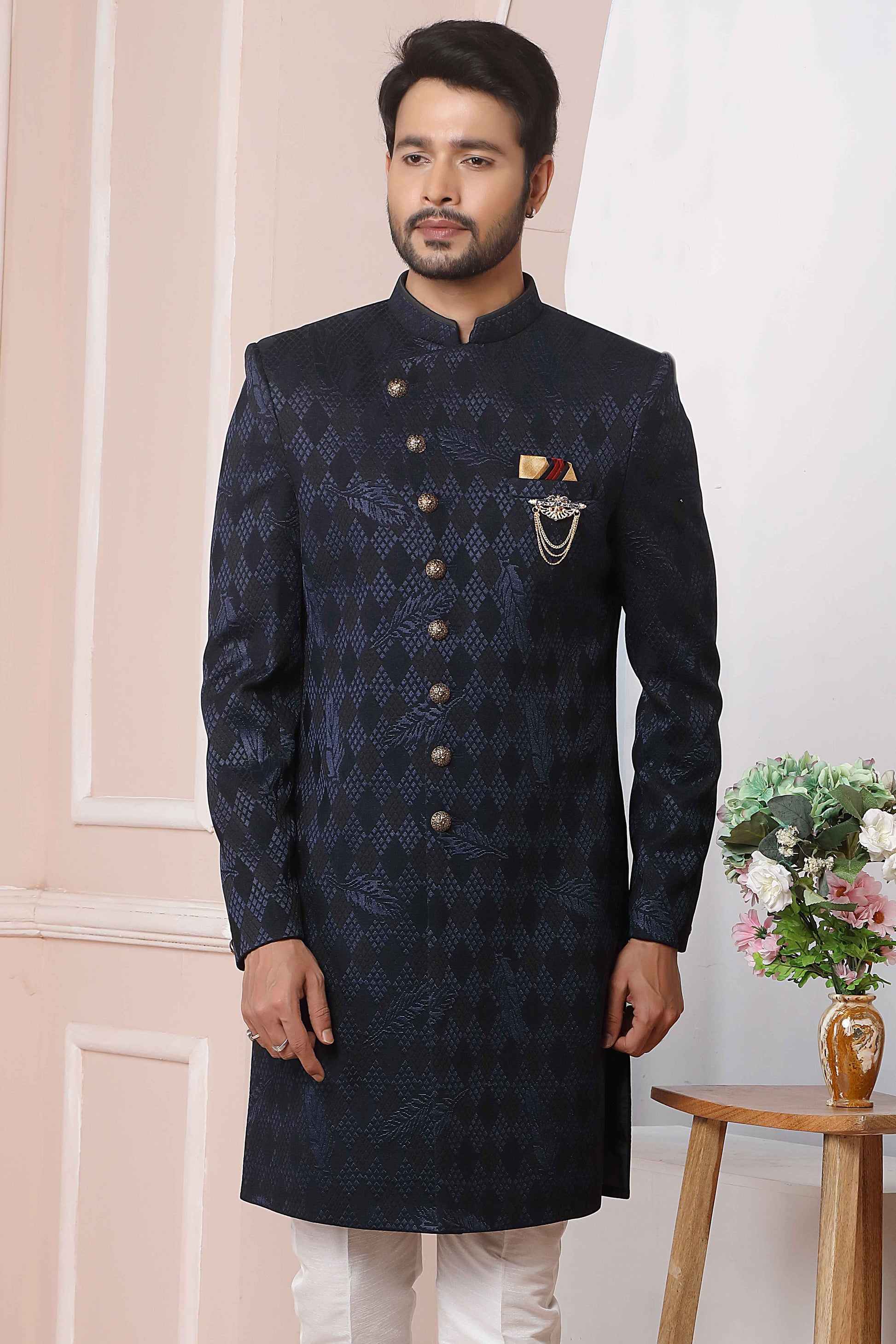 Raivat Ethnic Velvet Jacquard Silk Thread Work Indo Western In Blue Colour