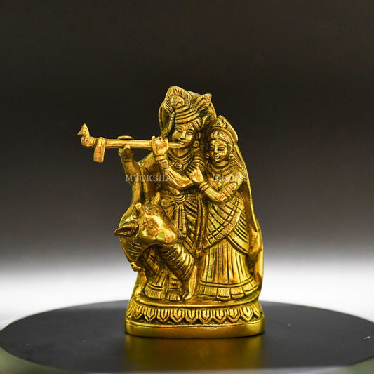 Radha Krishna with Cow Brass Idol - Symbol of Divine Love - 1
