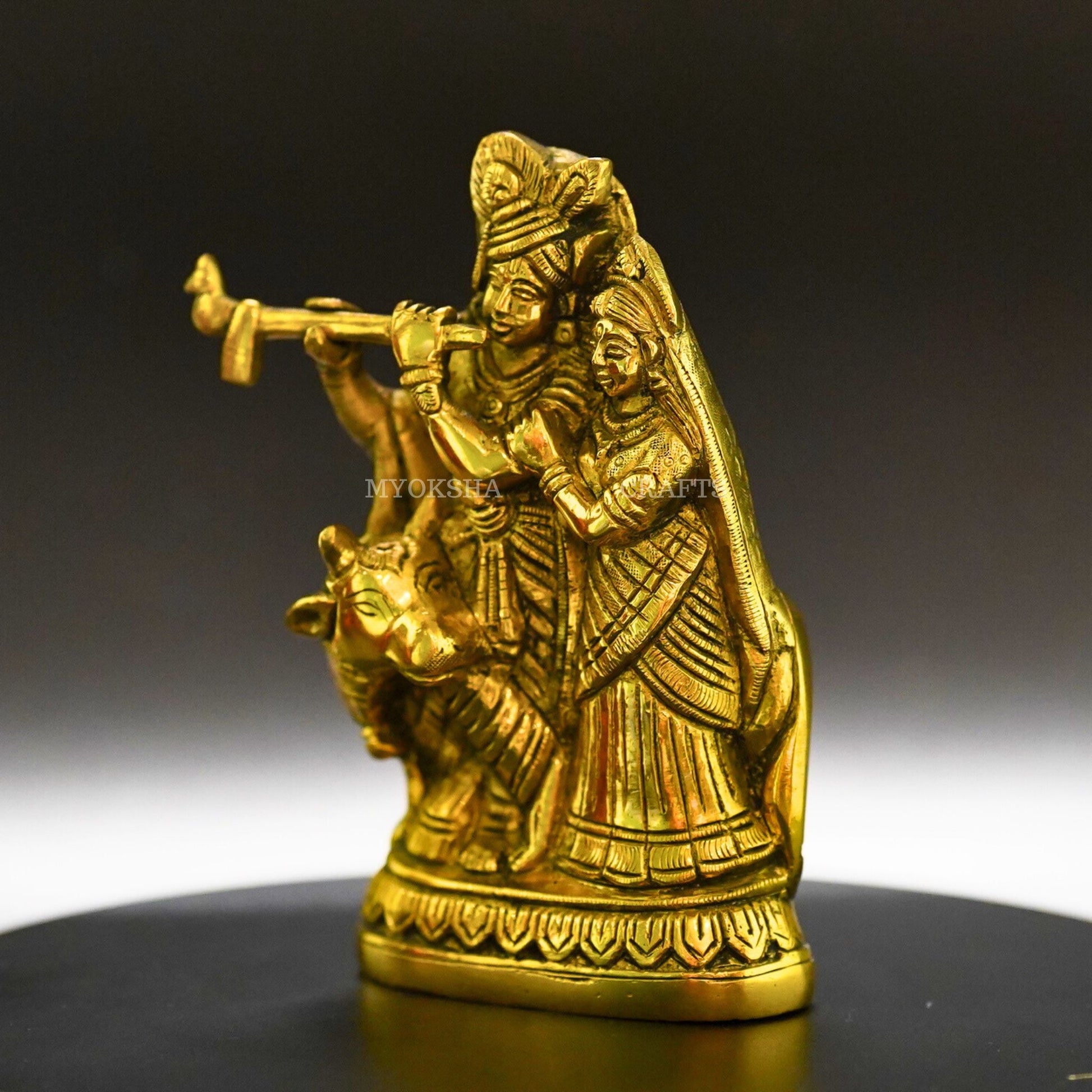 Radha Krishna with Cow Brass Idol - Symbol of Divine Love - 4