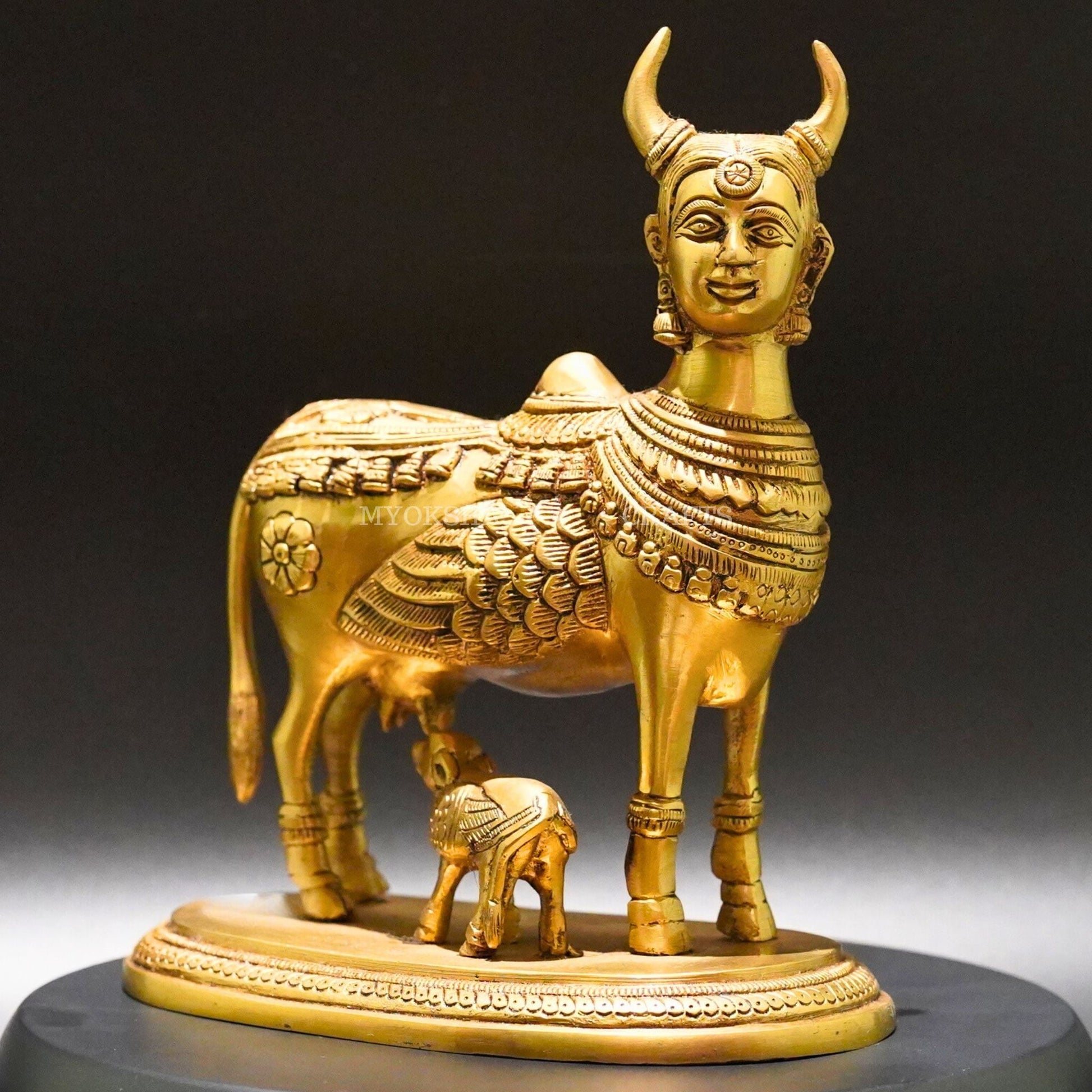 Brass Kamadhenu with Calf Idol - Divine Source of Fulfillment and Nourishment - 1