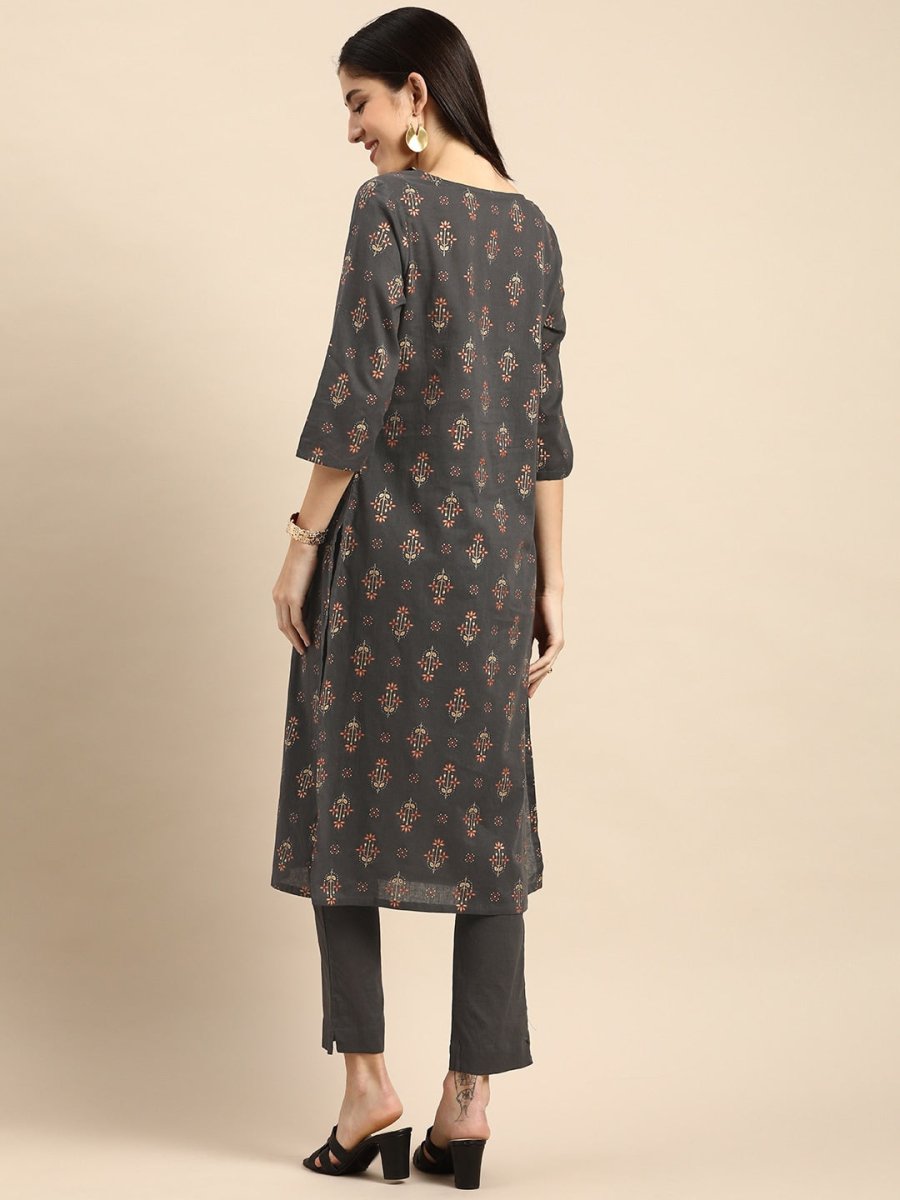 All About You Women Grey Ethnic Motifs Printed Pure Cotton Kurta with Trousers
