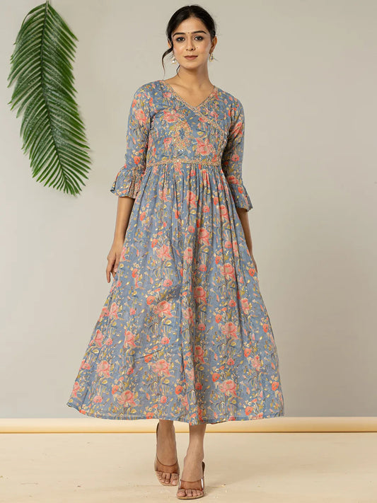 Yufta Blue Pure Cotton Beads And Stones Gathers Angrakha Dress  Grab2Buy Yufta Grab2Buy