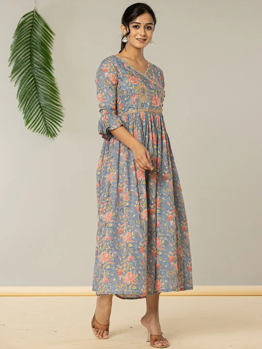 Yufta Blue Pure Cotton Beads And Stones Gathers Angrakha Dress  Grab2Buy Yufta Grab2Buy