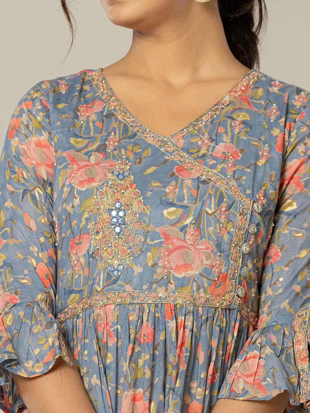 Yufta Blue Pure Cotton Beads And Stones Gathers Angrakha Dress  Grab2Buy Yufta Grab2Buy