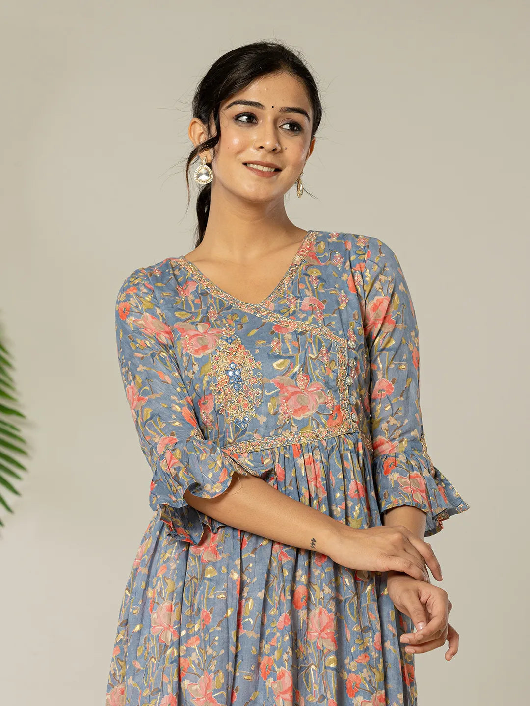 Yufta Blue Pure Cotton Beads And Stones Gathers Angrakha Dress  Grab2Buy Yufta Grab2Buy