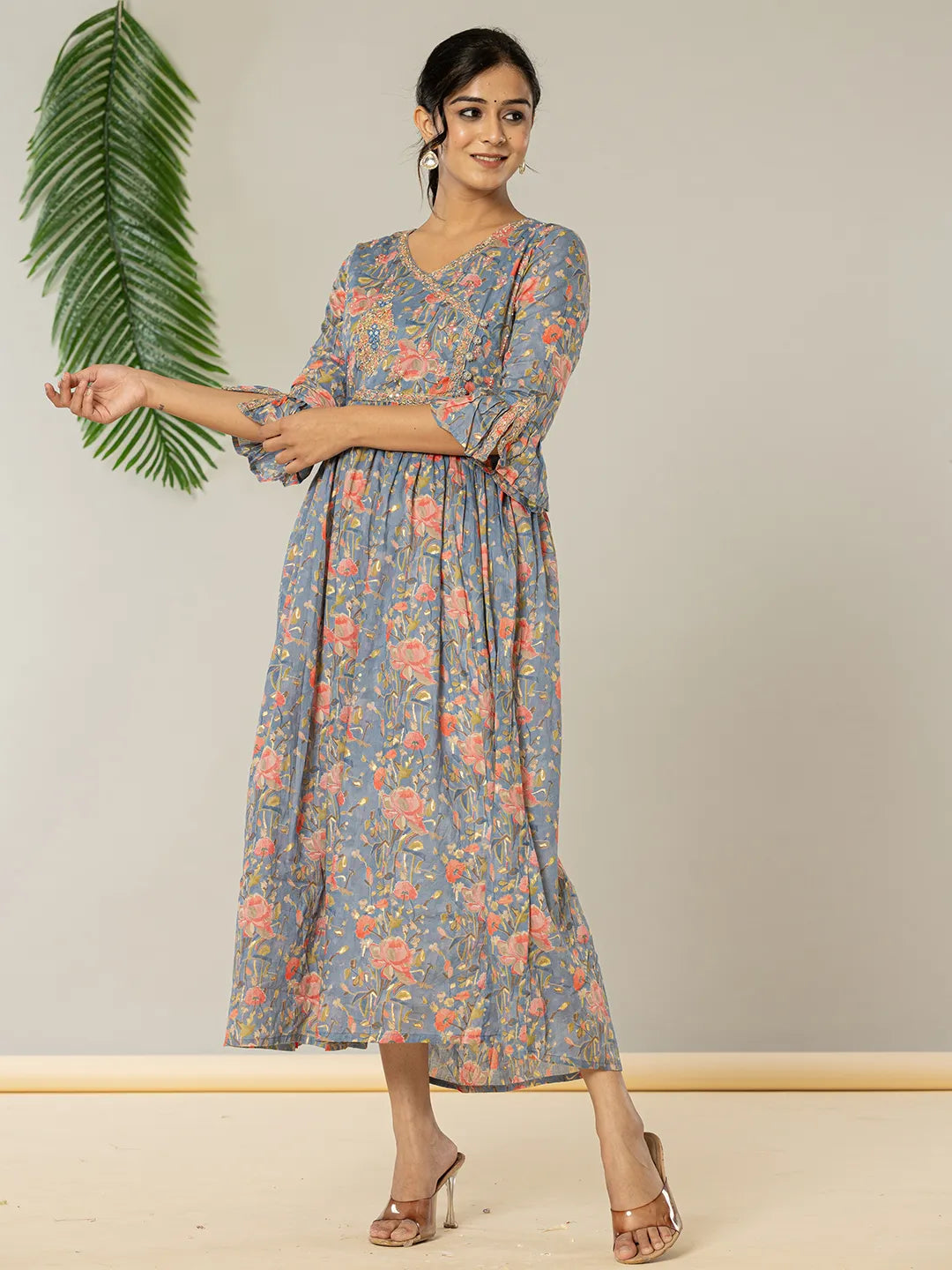 Yufta Blue Pure Cotton Beads And Stones Gathers Angrakha Dress  Grab2Buy Yufta Grab2Buy