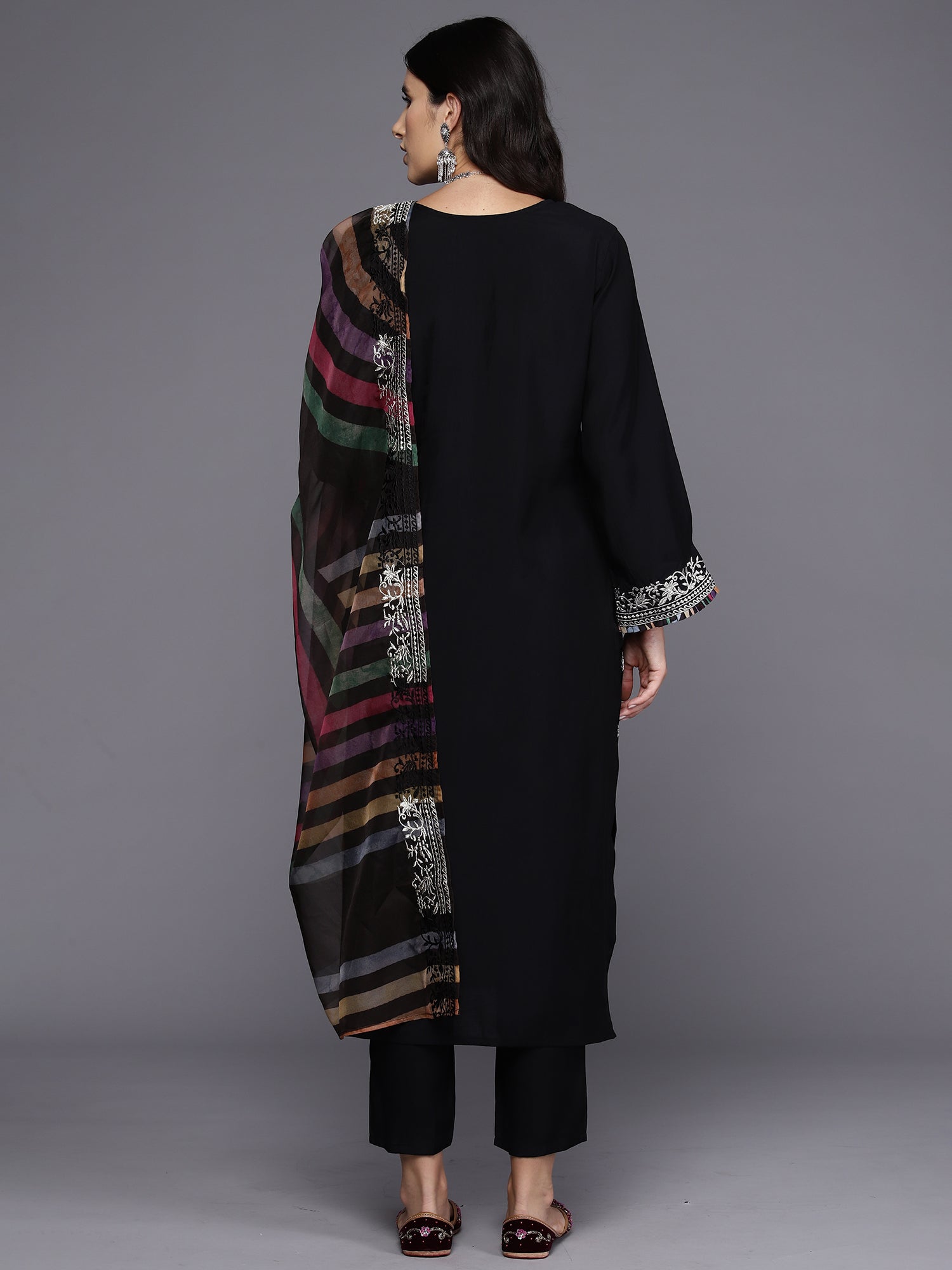 Indo Era Black Embroidered Straight Kurta Trousers With Dupatta Set