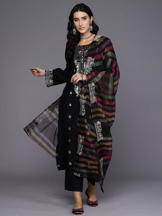 Indo Era Black Embroidered Straight Kurta Trousers With Dupatta Set