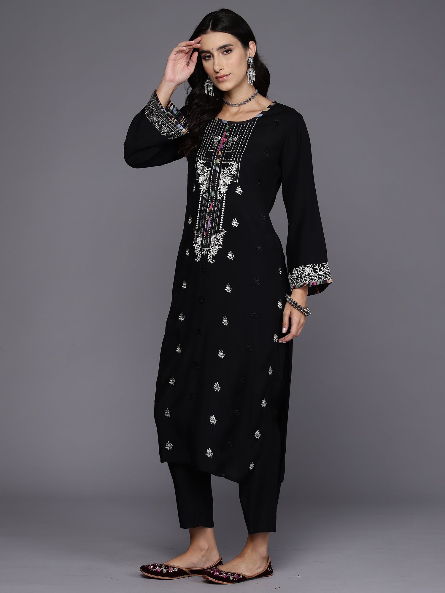 Indo Era Black Embroidered Straight Kurta Trousers With Dupatta Set