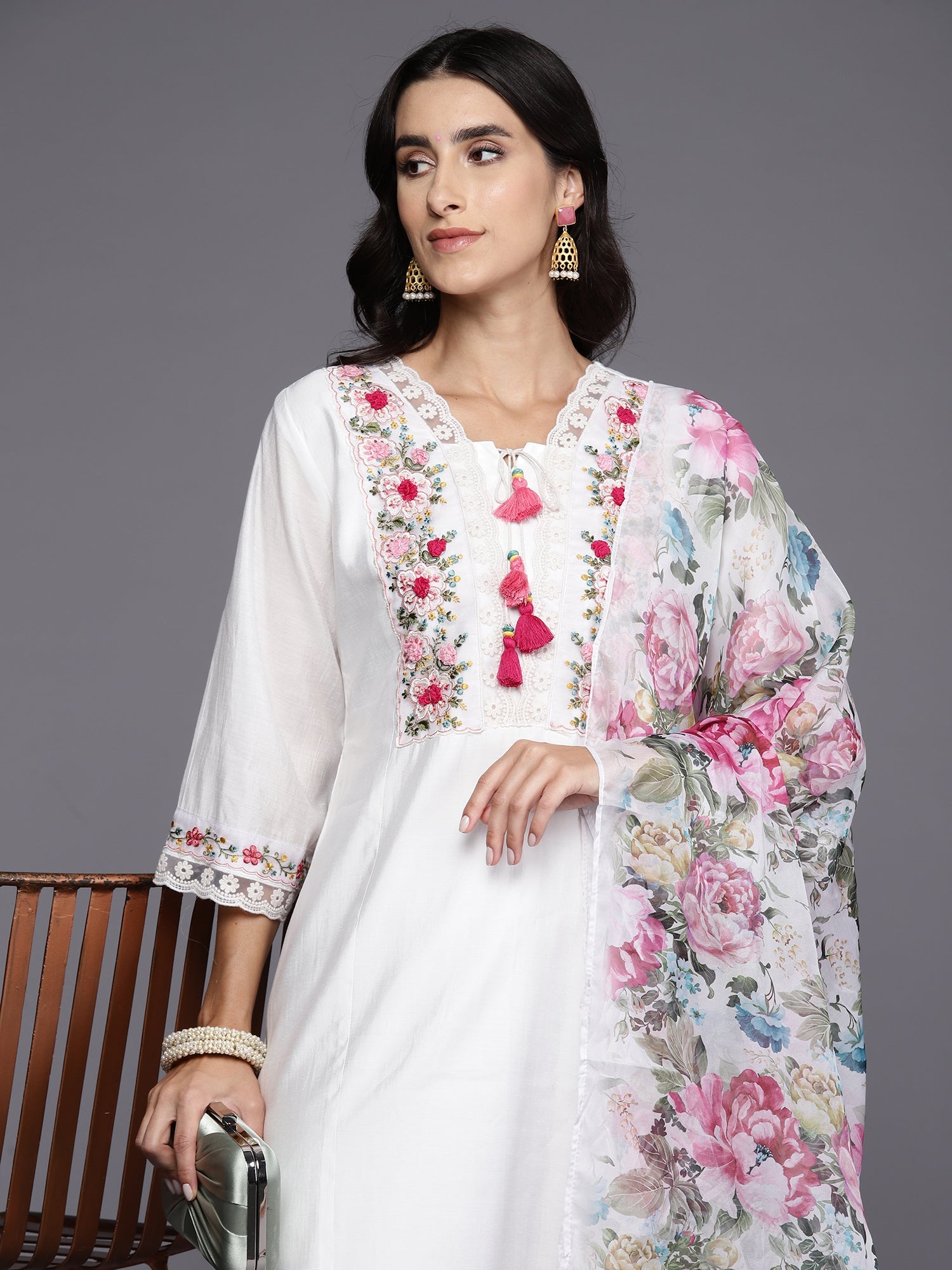 Indo Era White Embroidered A-Line Kurta Trousers With Dupatta Set