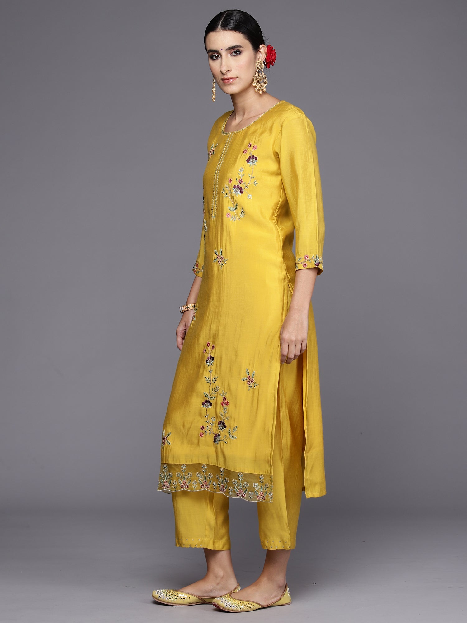 Indo Era Yellow Embroidered Straight Kurta Trousers With Dupatta Set