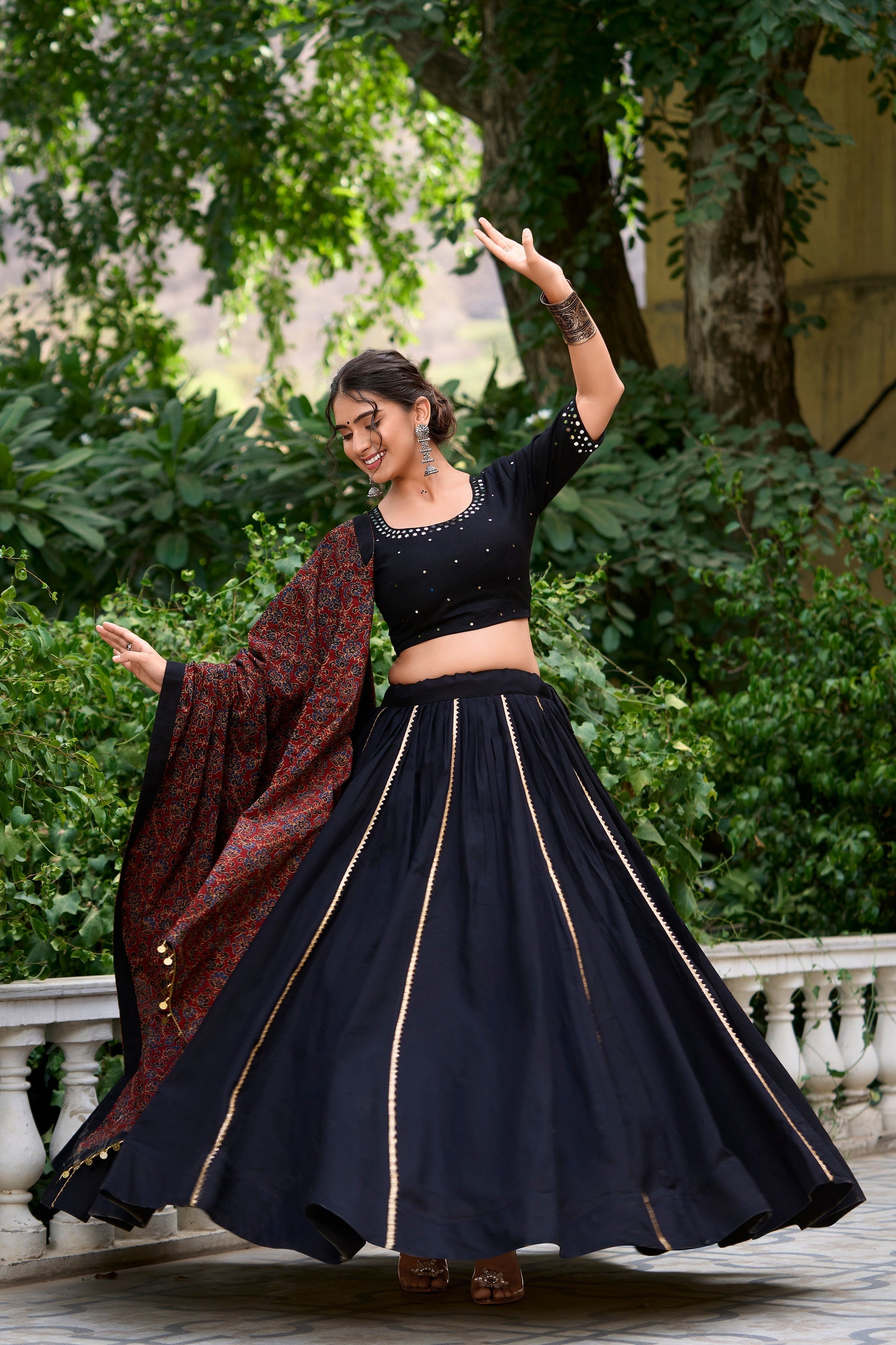 Lorenvalley Black Pure Cotton Plain With Gota Patti Touch Up Lehenga Choli 