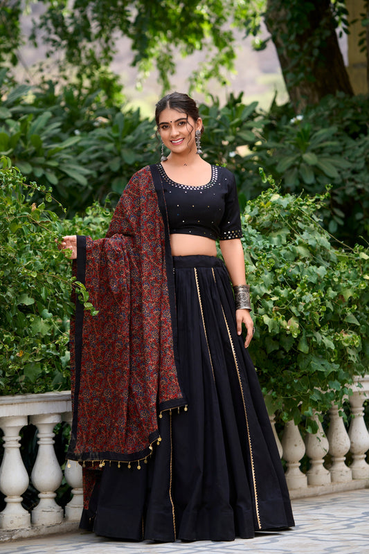 Lorenvalley Black Pure Cotton Plain With Gota Patti Touch Up Lehenga Choli 