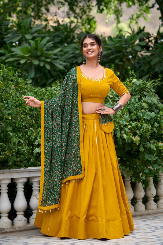 Lorenvalley Mustard Pure Cotton Plain With Gota Patti Touch Up Lehenga Choli