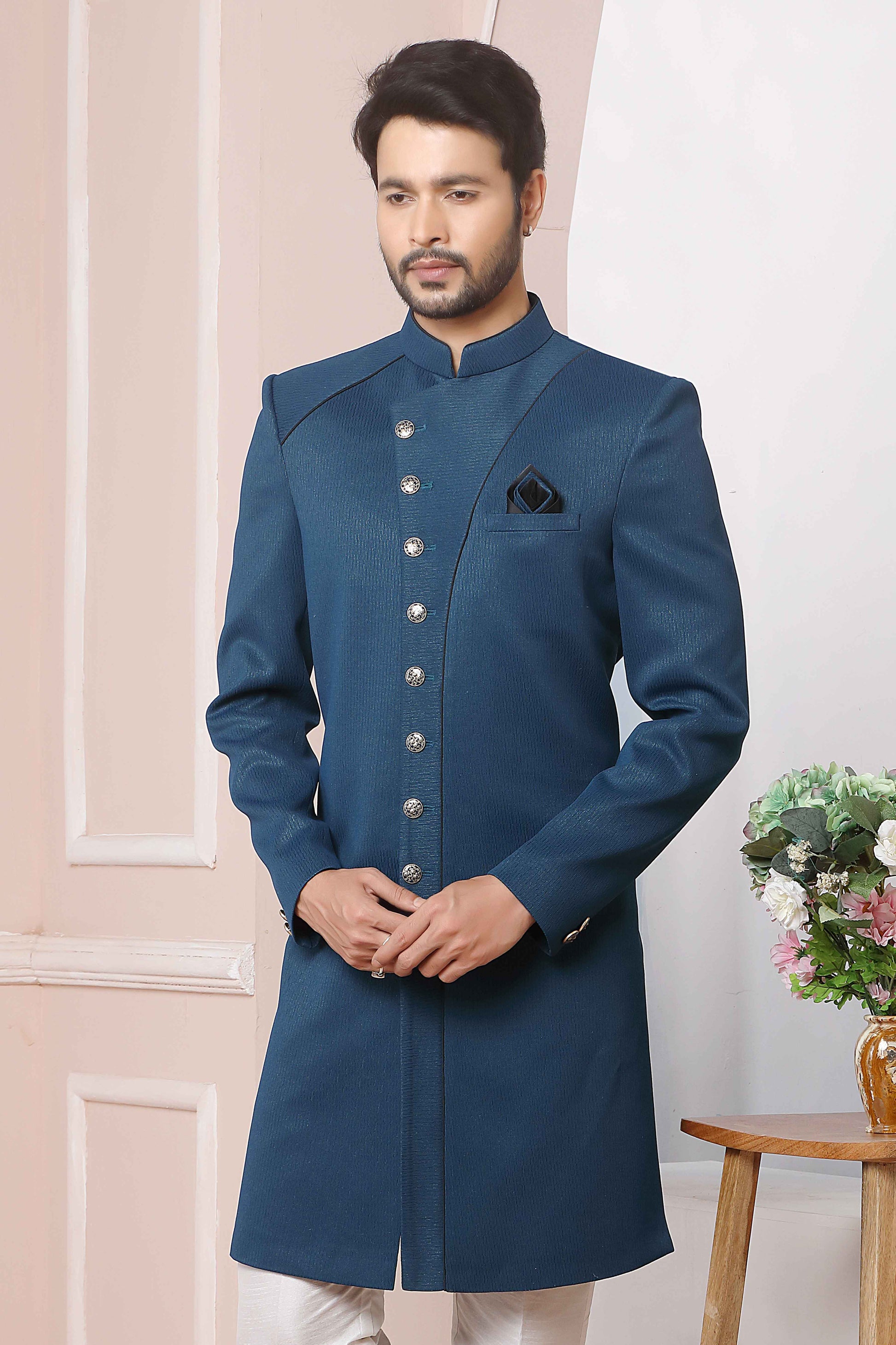 Raivat Ethnic Jacquard Silk Thread Work Indo Western In Blue Colour