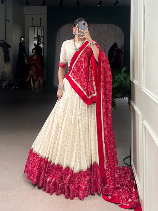 Lorenvalley Fashion Offwhite Cotton Zigzag and Bandhej Print With Sequins Lace Touch Up Lehenga Choli with Dupatta 