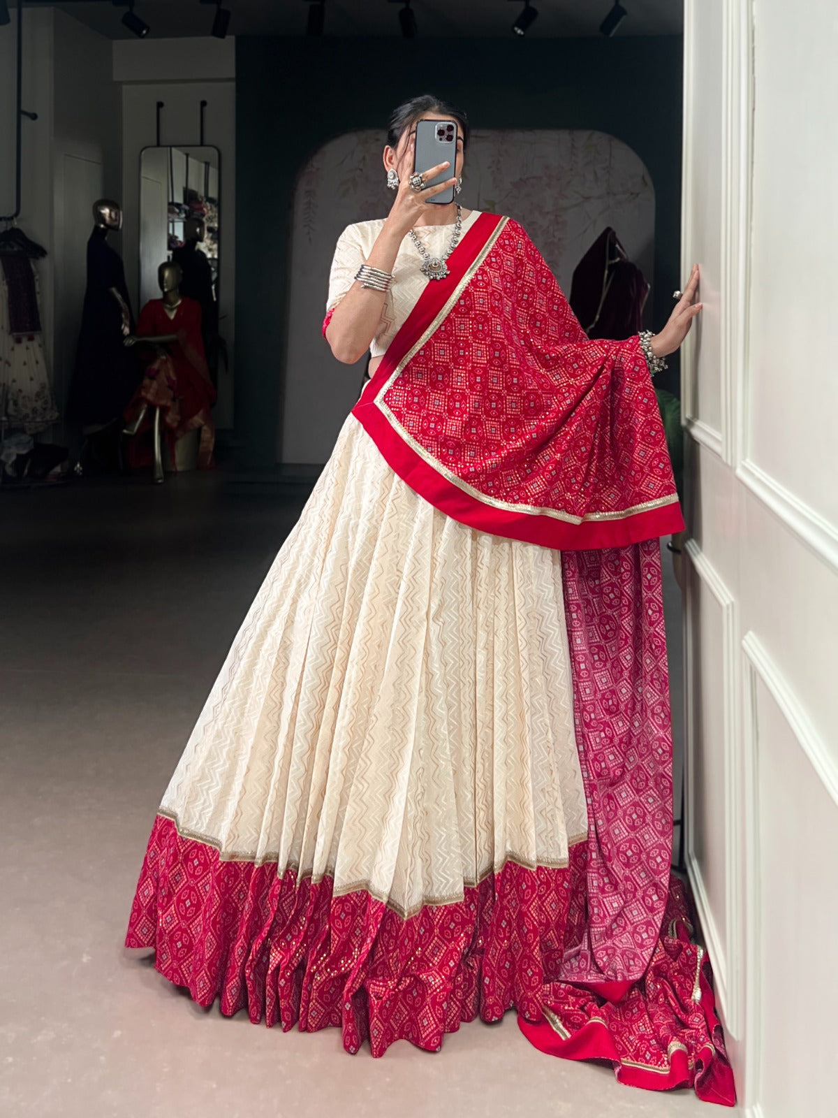 Lorenvalley Fashion Offwhite Cotton Zigzag and Bandhej Print With Sequins Lace Touch Up Lehenga Choli with Dupatta 