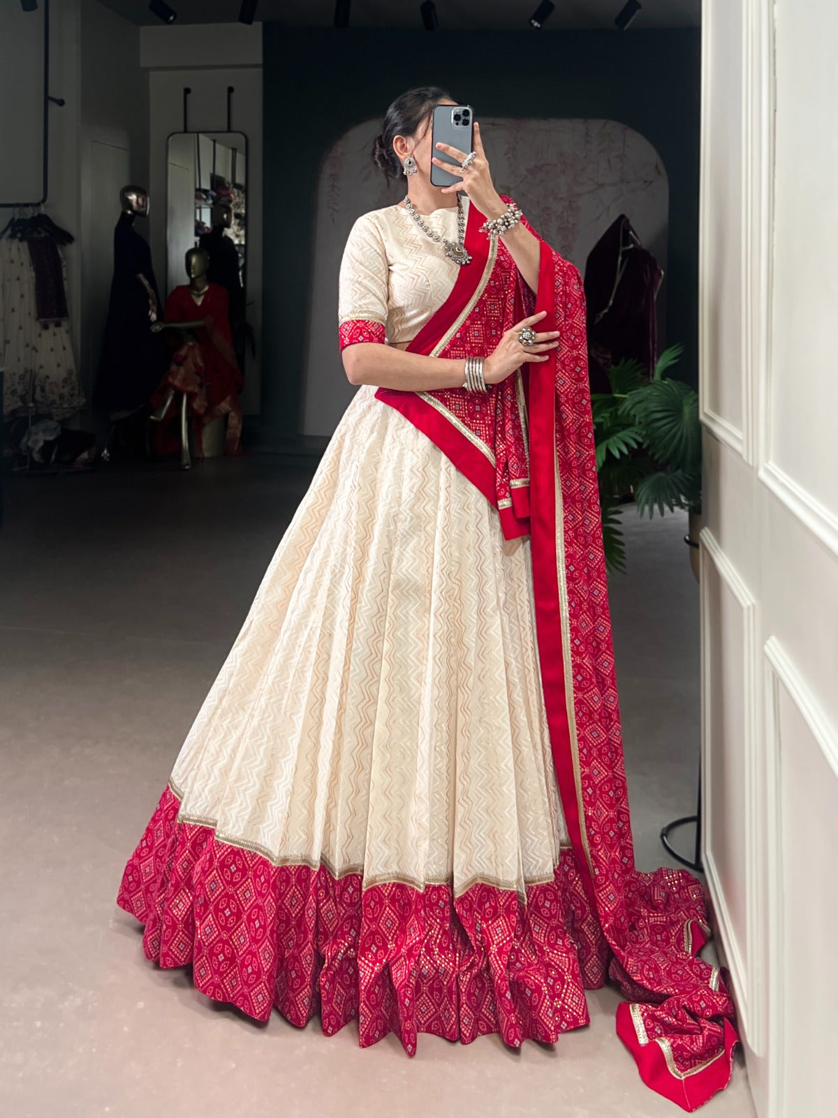 Lorenvalley Fashion Offwhite Cotton Zigzag and Bandhej Print With Sequins Lace Touch Up Lehenga Choli with Dupatta 