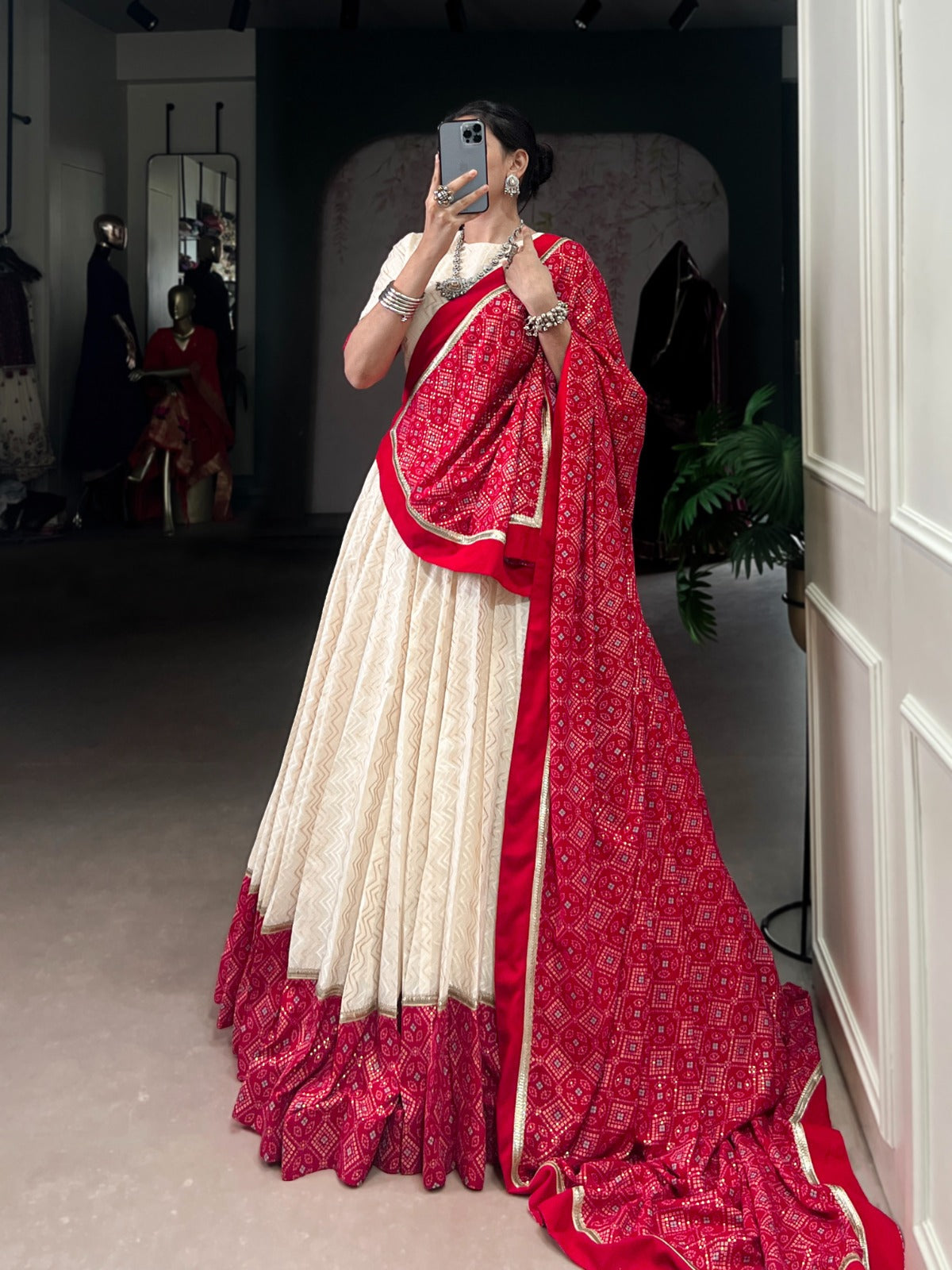 Lorenvalley Fashion Offwhite Cotton Zigzag and Bandhej Print With Sequins Lace Touch Up Lehenga Choli with Dupatta 