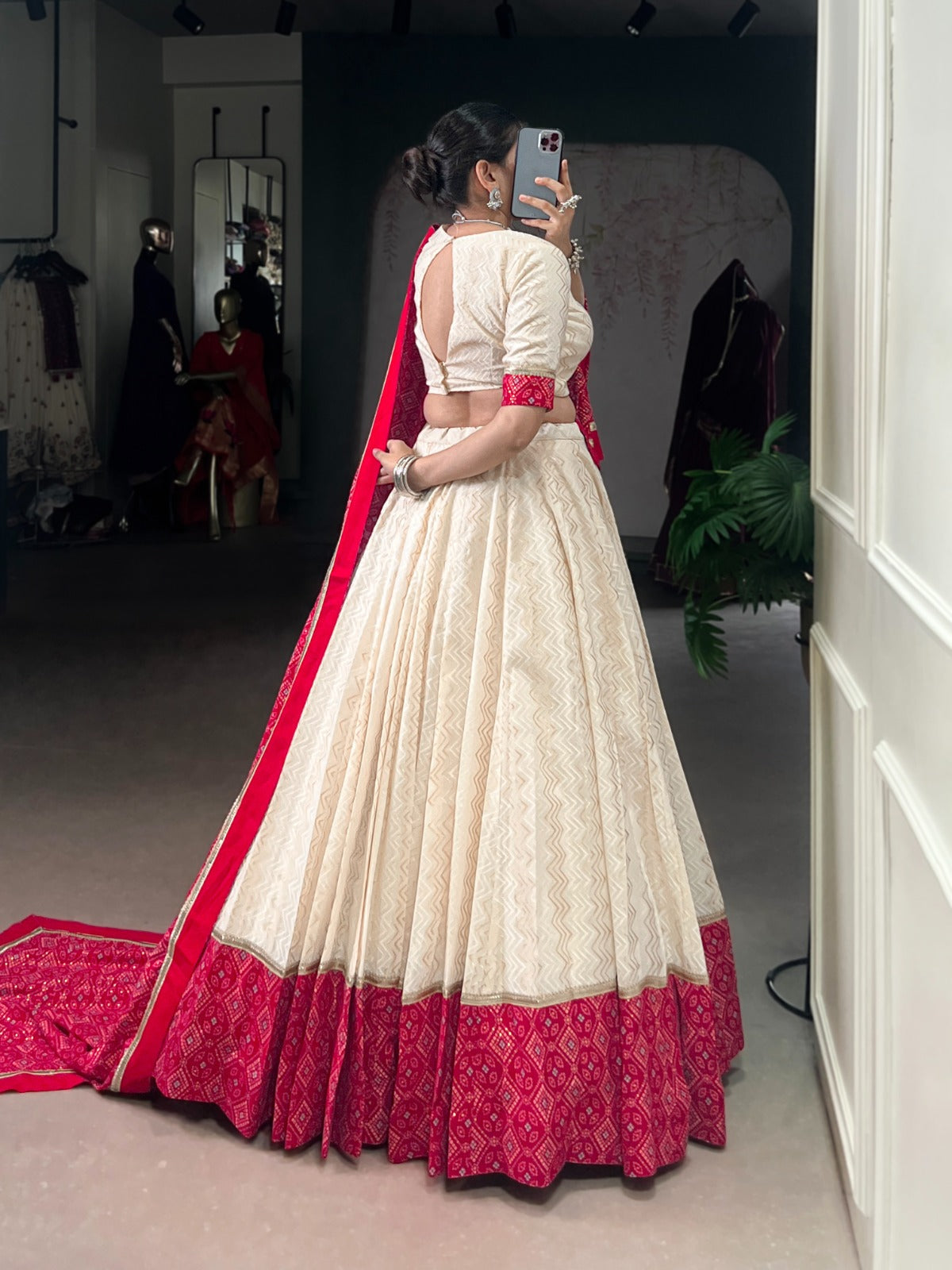 Lorenvalley Fashion Offwhite Cotton Zigzag and Bandhej Print With Sequins Lace Touch Up Lehenga Choli with Dupatta 