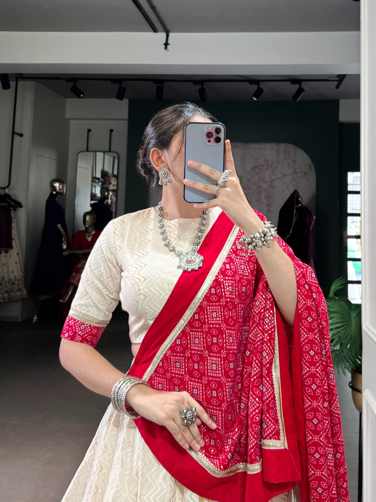 Lorenvalley Fashion Offwhite Cotton Zigzag and Bandhej Print With Sequins Lace Touch Up Lehenga Choli with Dupatta 