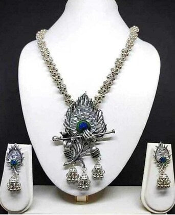 Tehzeeb Creations Women's Silver Colour Oxidised Necklace And Earring Bansuri Design Tehzeeb Creations