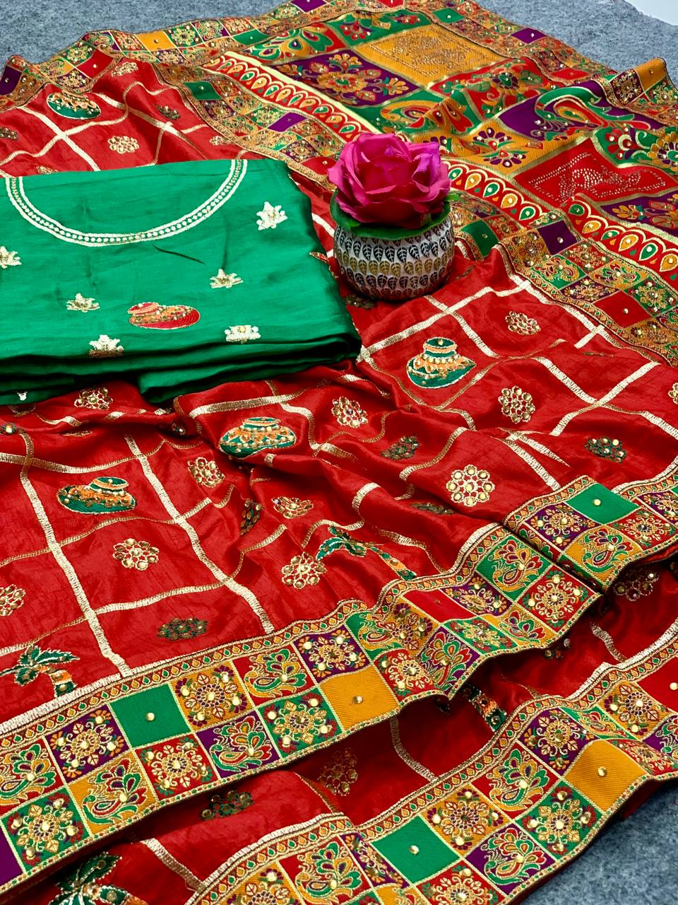 Lorenvalley Fashion Premium Red Dola Silk Embroidery and Diamond work with Jacquard Lace Border Grab2Buy 