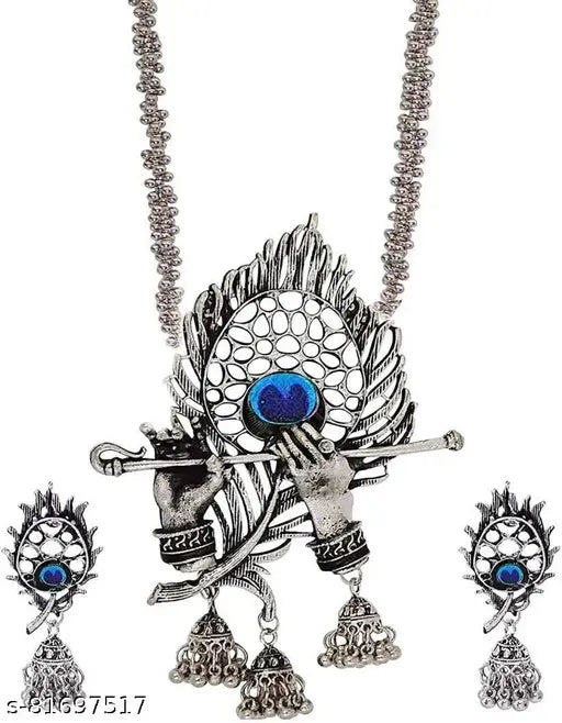 Tehzeeb Creations Women's Silver Colour Oxidised Necklace And Earring Bansuri Design Tehzeeb Creations