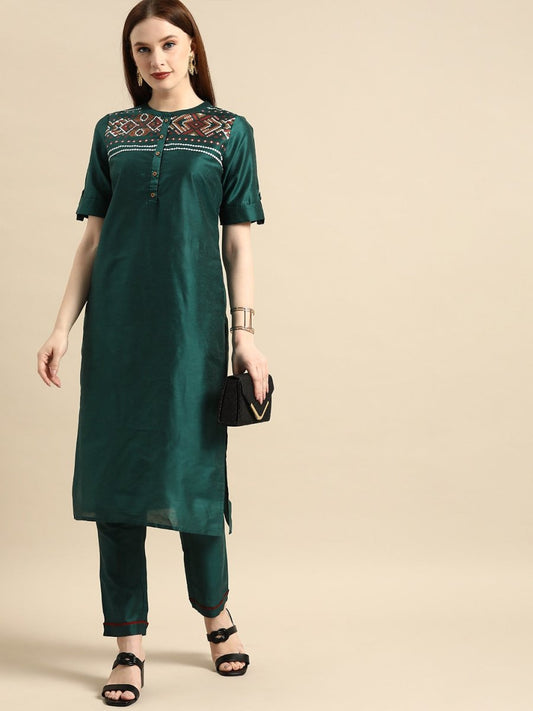 All About You Women Green Kurta with Trousers