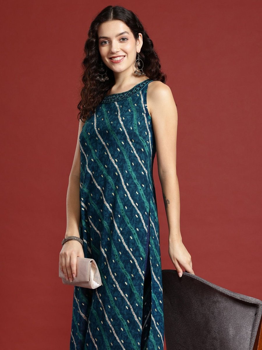 Anouk Leheriya Printed Halter Neck Thread Work Kurta | Grab2Buy