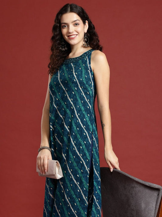 Anouk Leheriya Printed Halter Neck Thread Work Kurta | Grab2Buy