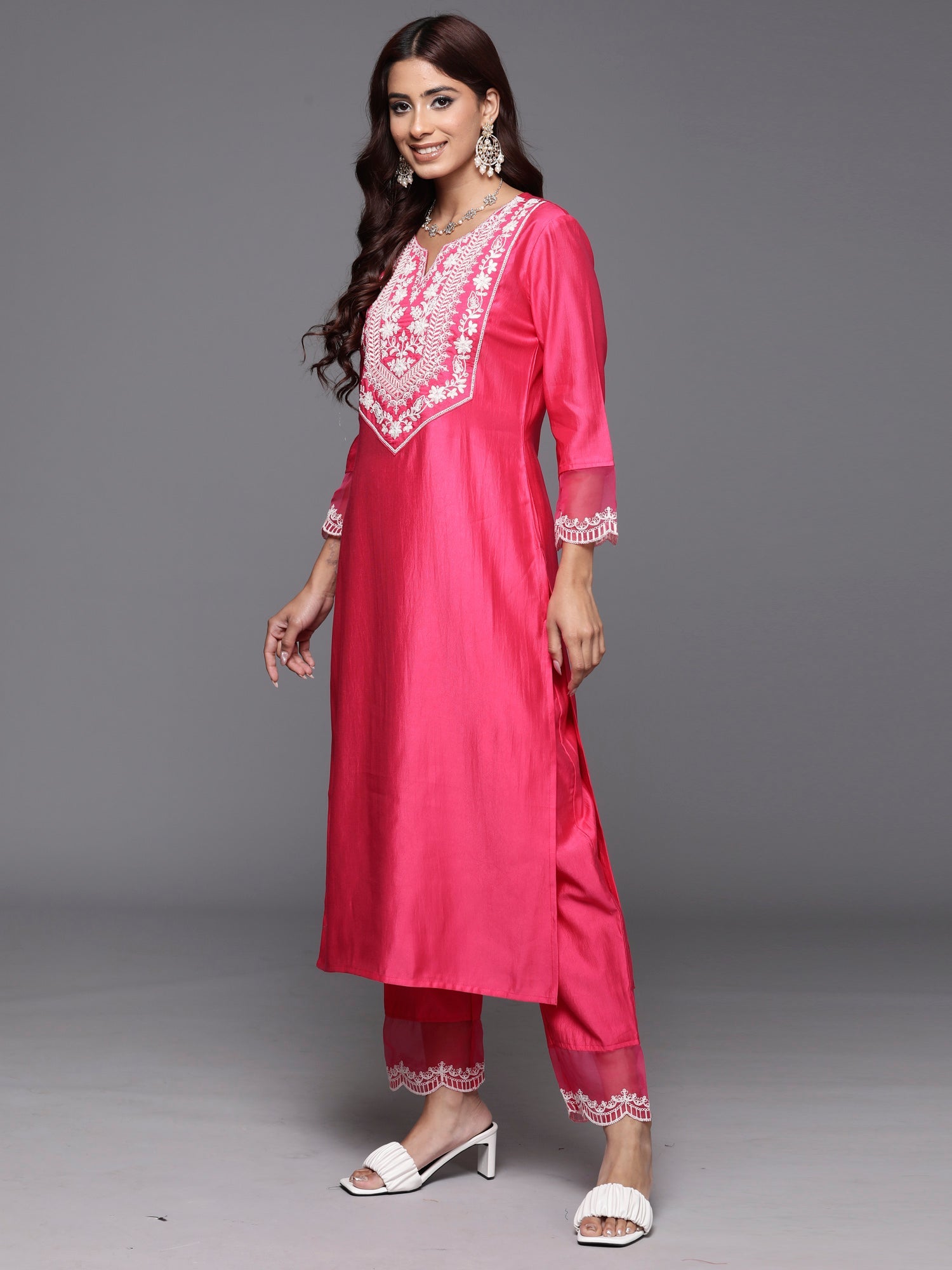 Indo Era Pink Embroidered Straight Kurta Trousers With Dupatta Set