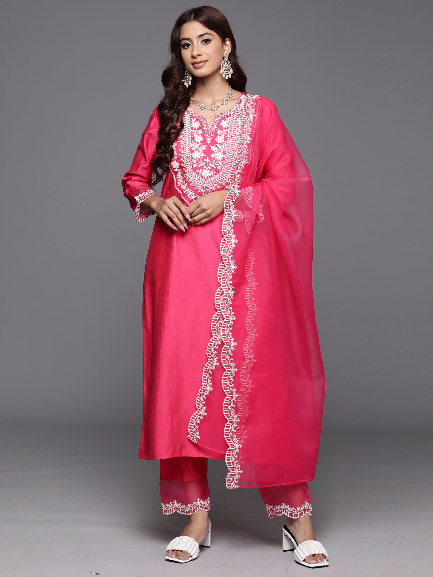 Indo Era Pink Embroidered Straight Kurta Trousers With Dupatta Set
