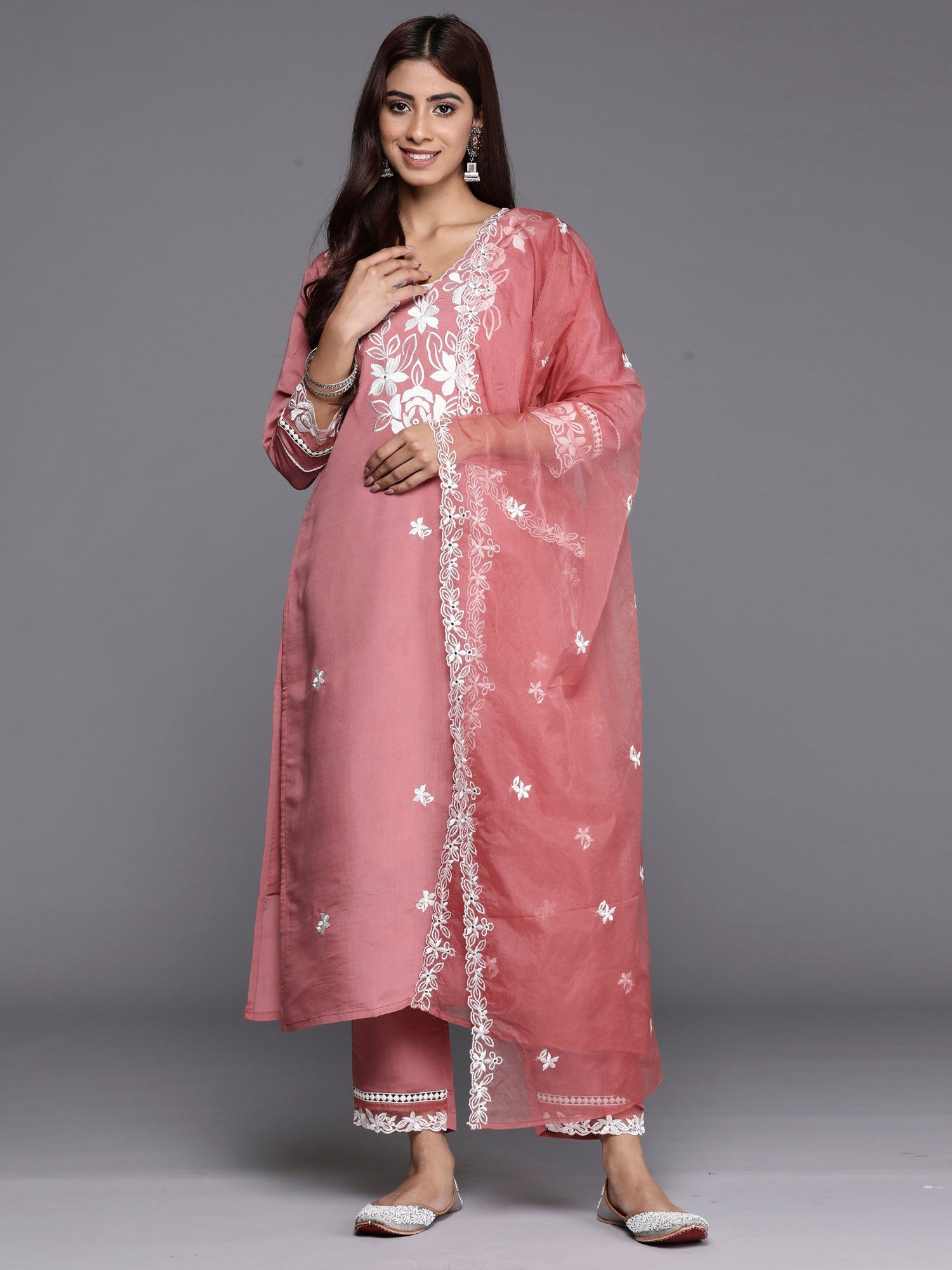 Indo Era Rust Embroidered Straight Kurta Trousers With Dupatta set