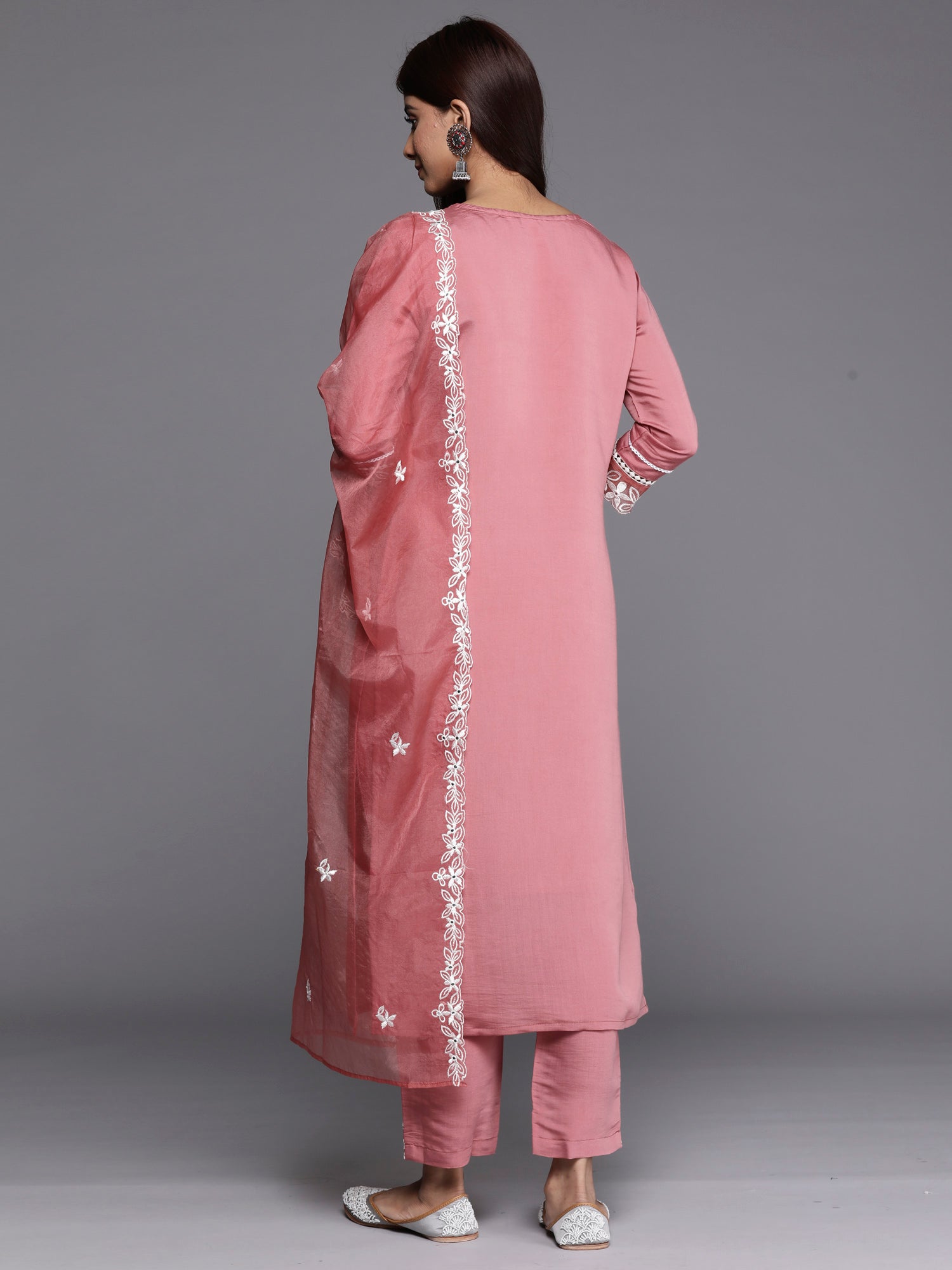 Indo Era Rust Embroidered Straight Kurta Trousers With Dupatta set