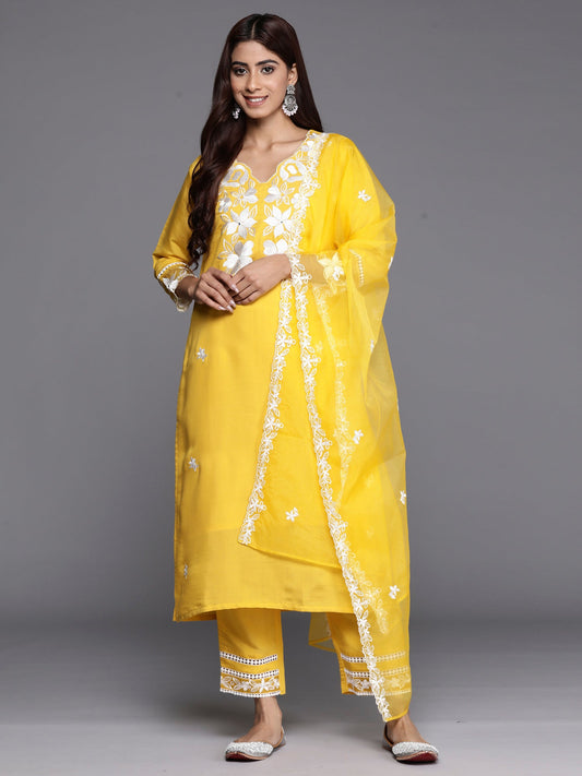 Indo Era Yellow Embroidered Straight Kurta Trousers With Dupatta set